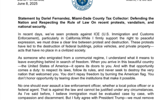 Declaración de Dariel Fernandez, Recaudador de Impuestos del Condado de Miami-Dade: Defendiendo a la Nación y Respetando la Ley Ante Recientes Protestas y Vandalismo