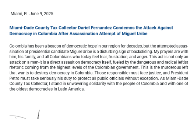 El Recaudador de Impuestos de Miami-Dade, Dariel Fernandez, Condena Ataque Contra la Democracia en Colombia Tras Intento de Asesinato de Miguel Uribe