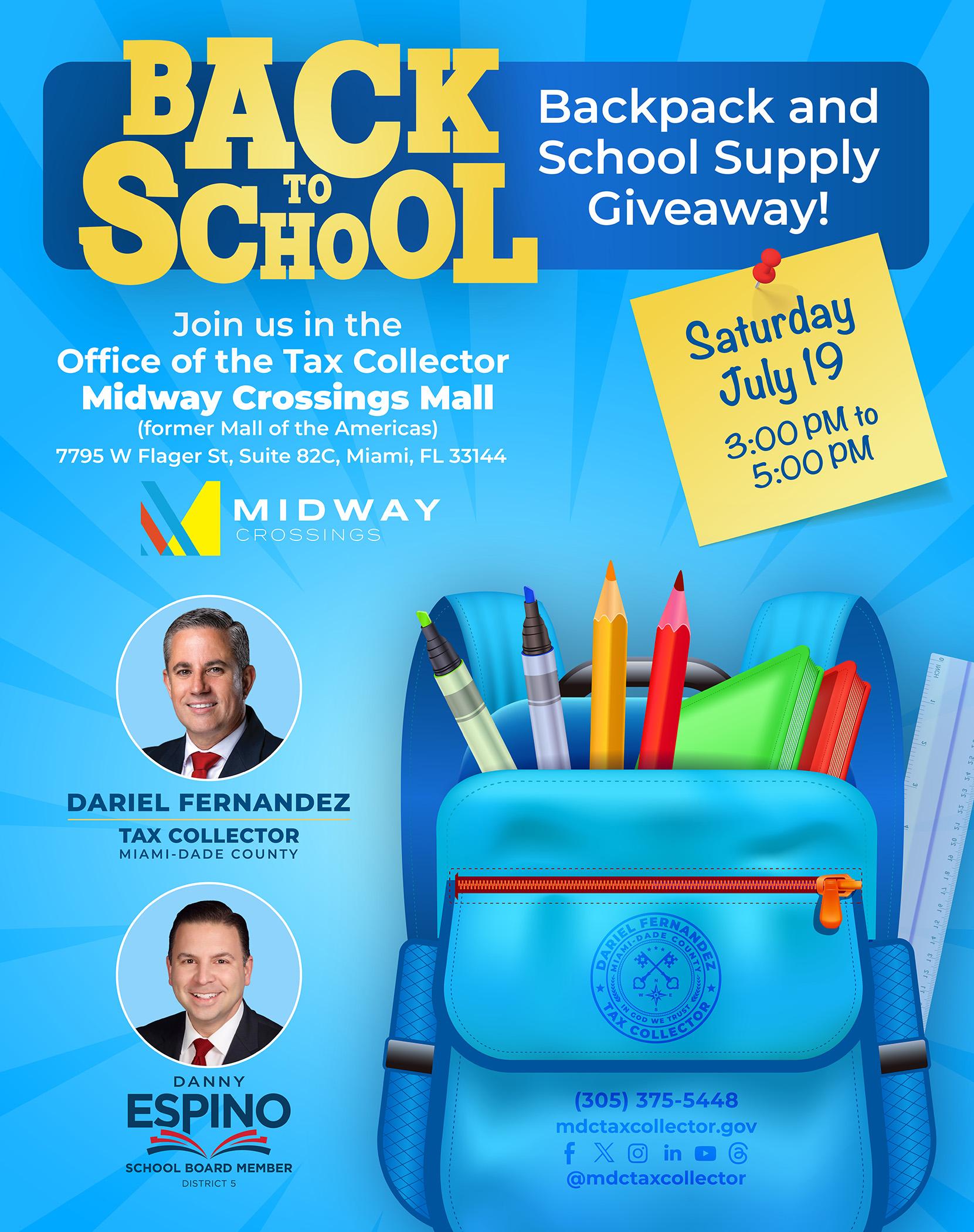 Miami-Dade Tax Collector Dariel Fernandez to Host Back-to-School Giveaway at Midway Crossings Mall