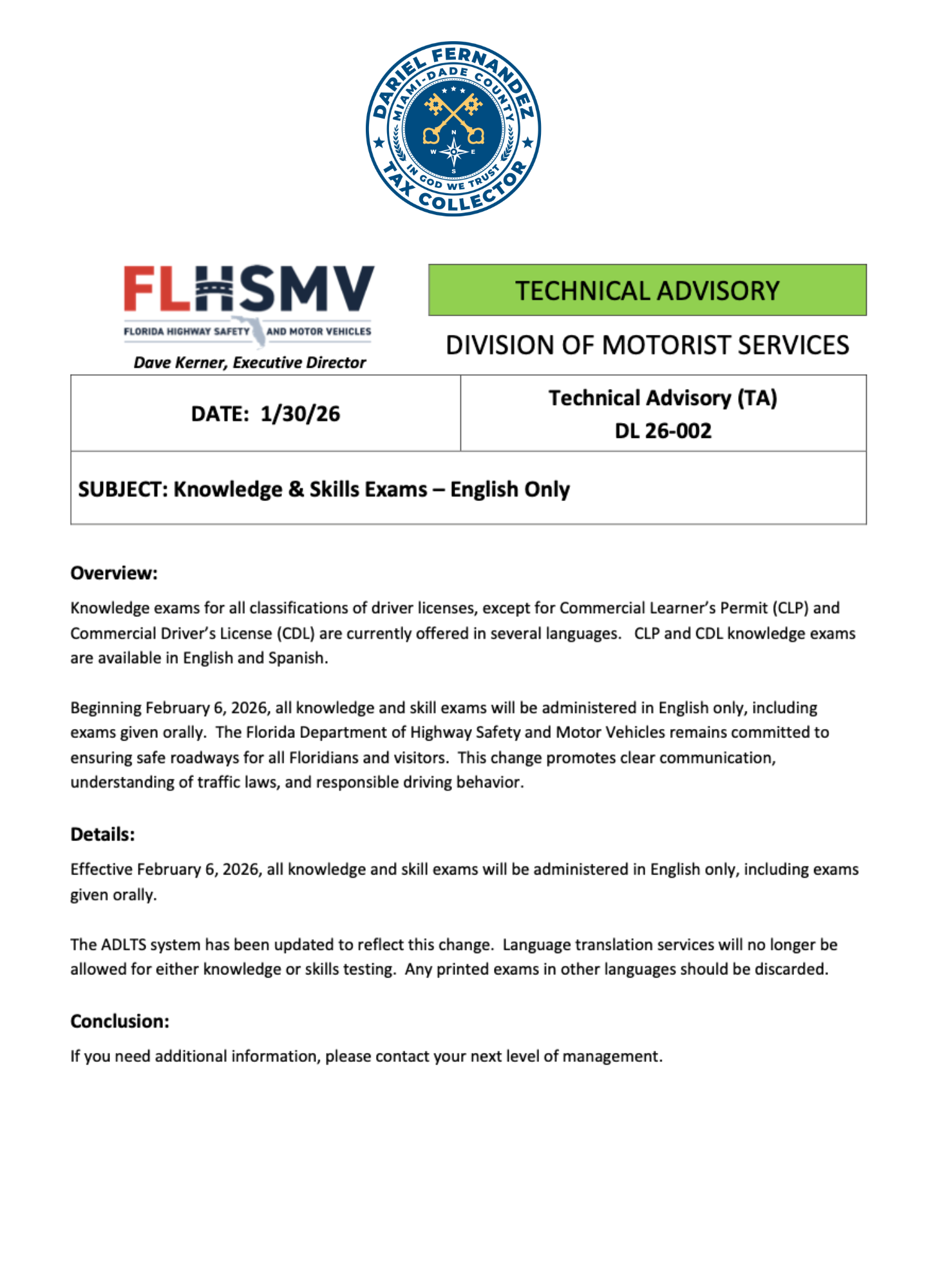 Technical Advisory Letter from FLHSMV about Knowledge & Skills Exams in English Only