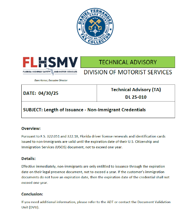 Advisory on Driver License Issuance for Non-Inmigrants