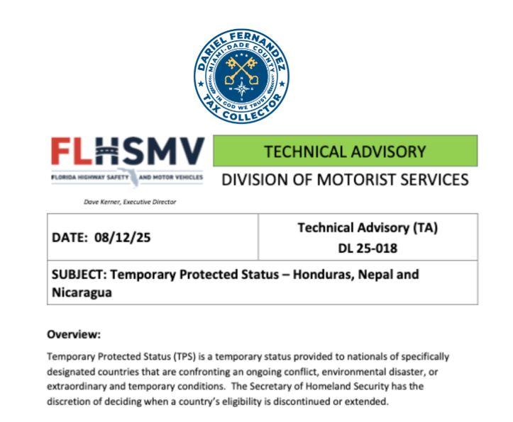 Statement from Miami-Dade County Tax Collector Dariel Fernandez on TPS Continuation and Resumption of Driver License Services for Honduran, Nicaraguan, and Venezuelan Nationals