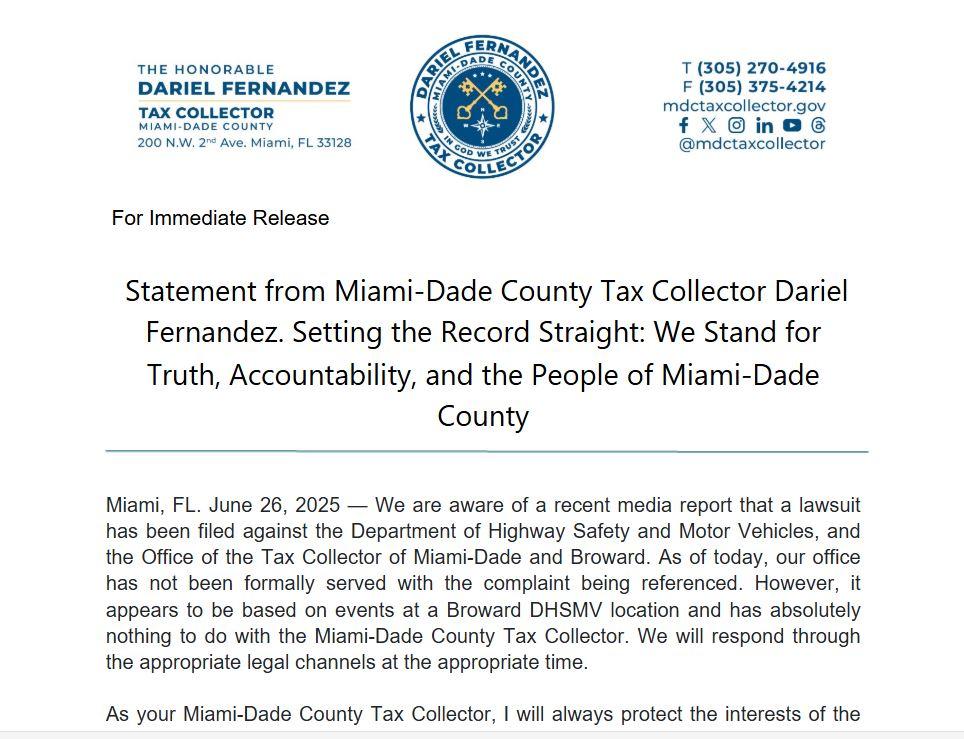 Statement from Miami-Dade County Tax Collector. Setting the Record Straight: We Stand for Truth, Accountability, and the People of Miami-Dade County