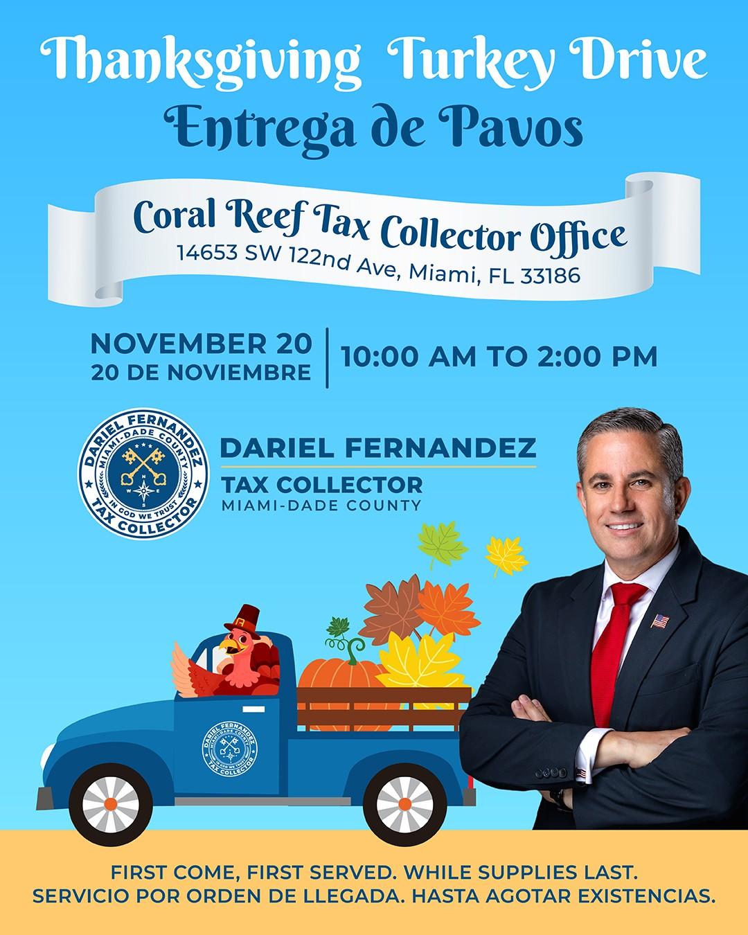 Recaudador de Impuestos Dariel Fernandez Invita a la Comunidad a la Entrega de Pavos de Thanksgiving en la Oficina de Coral Reef