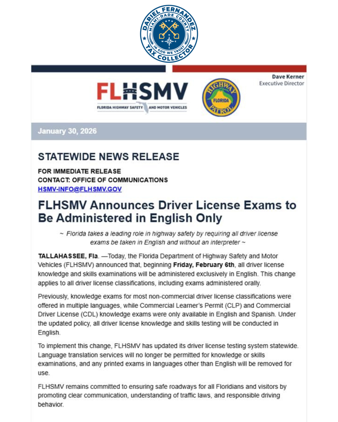 Press Release from FLHSMV regarding changes to driving test
